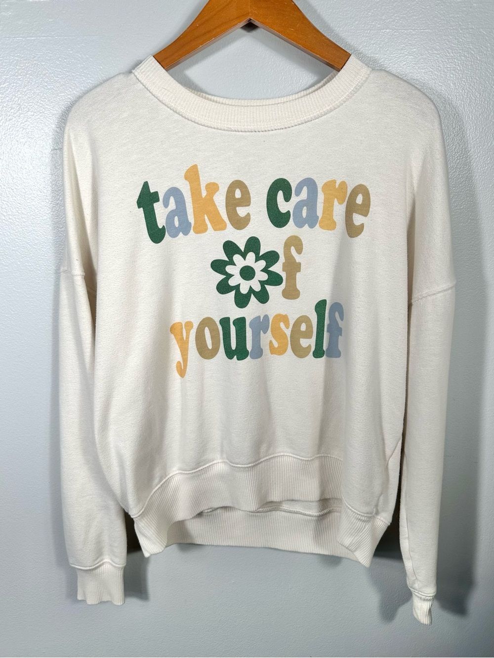American Eagle Take Care of Yourself Cream Graphic Sweatshirt Size Medium